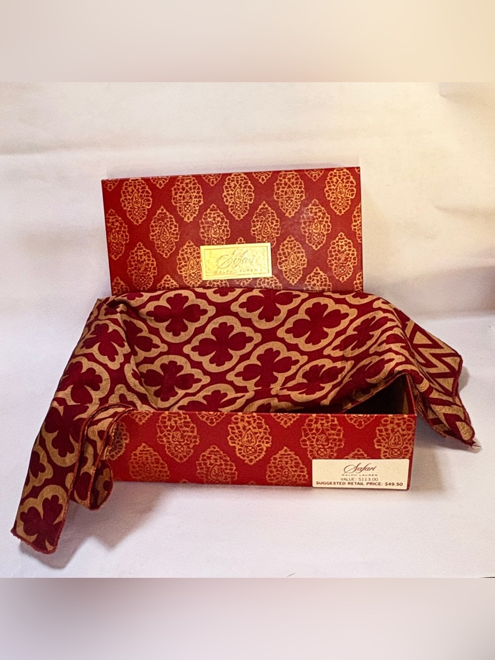 Vintage Ralph Lauren Safari Silk Scarf & Gift Box Set Red Gold Pattern